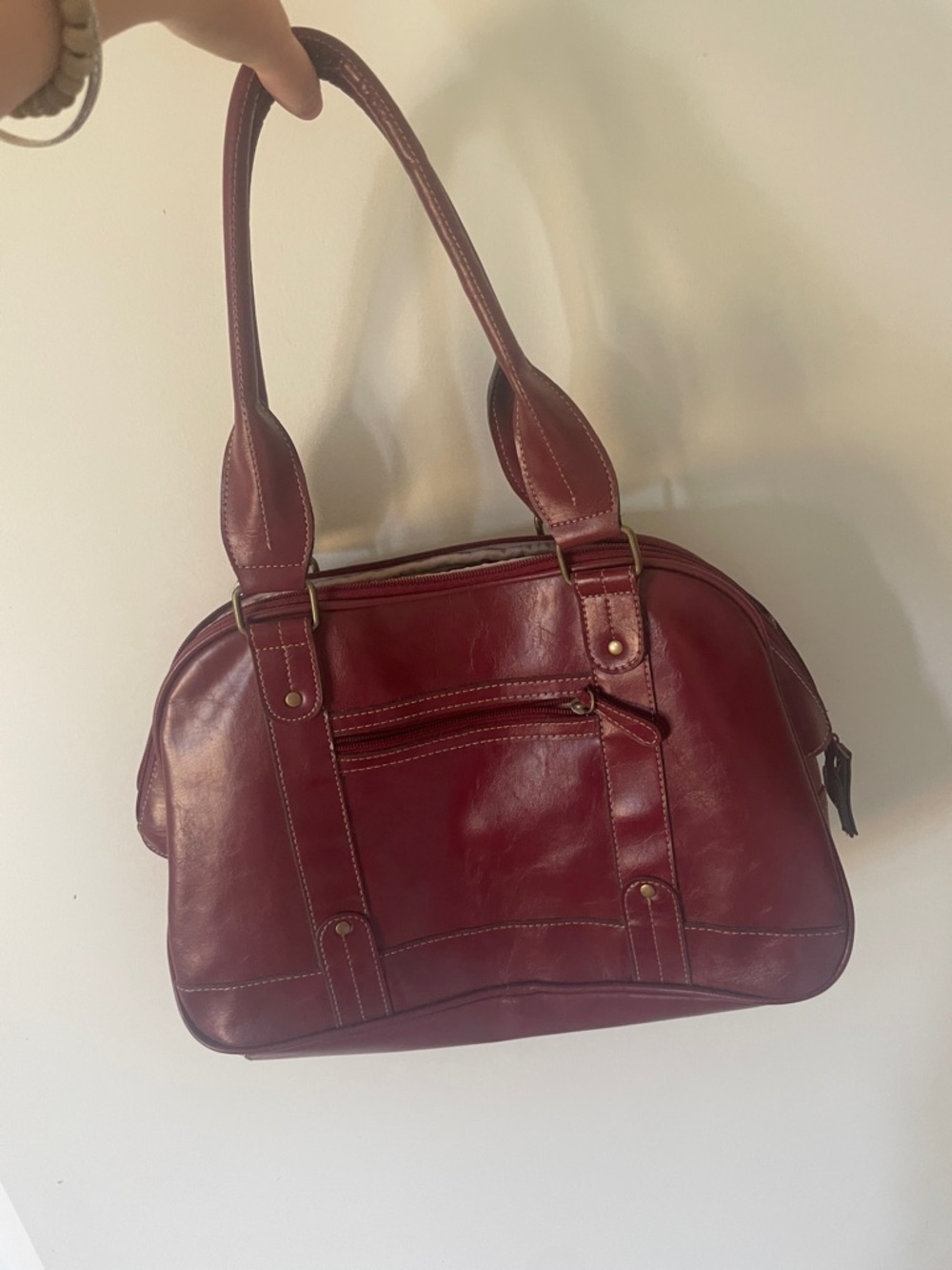 Women's Burgundy Leather Shoulder Bag with Double Handles